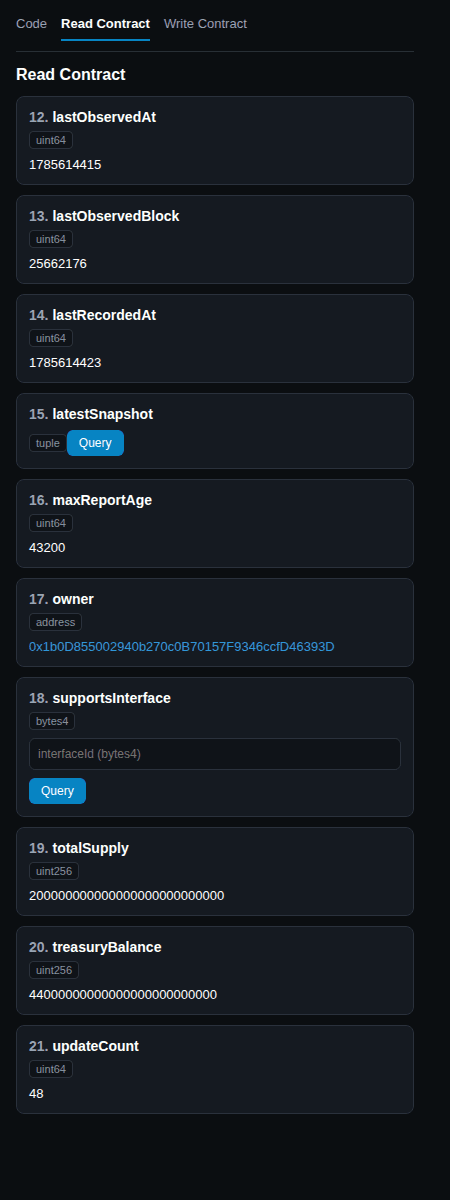 Etherscan Read Contract metrics including totalSupply, treasuryBalance, and updateCount