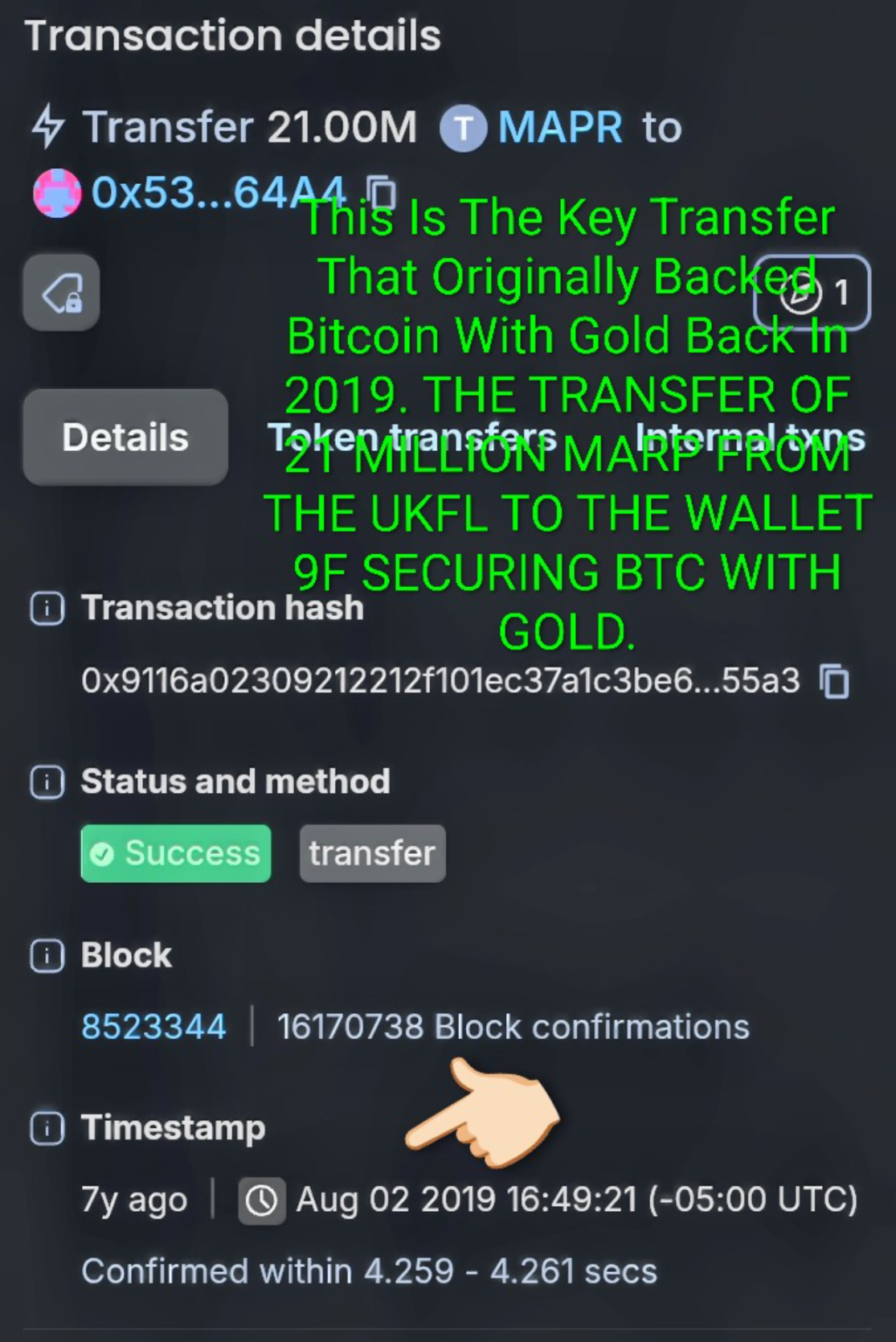Blockscout transaction record showing the 2019 MAPR transfer