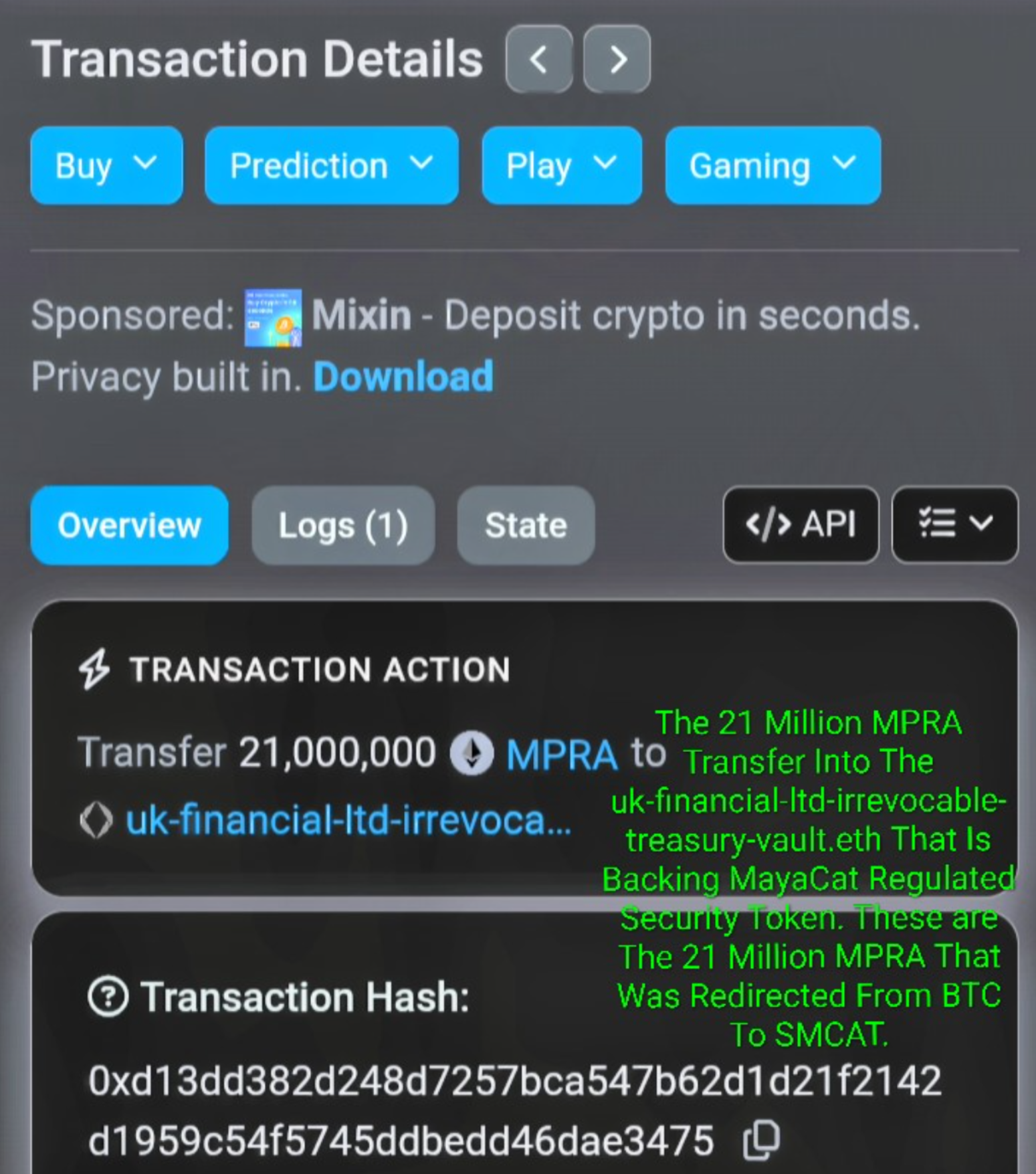 Etherscan transaction showing 21,000,000 MPRA transfer