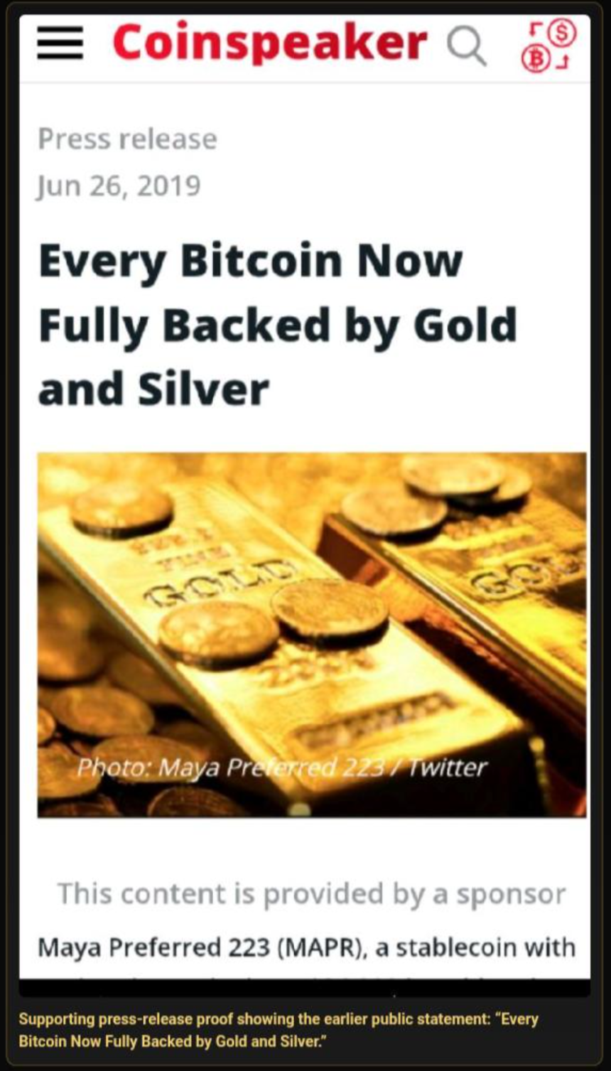 Coinspeaker press release screenshot stating every Bitcoin is fully backed by gold and silver