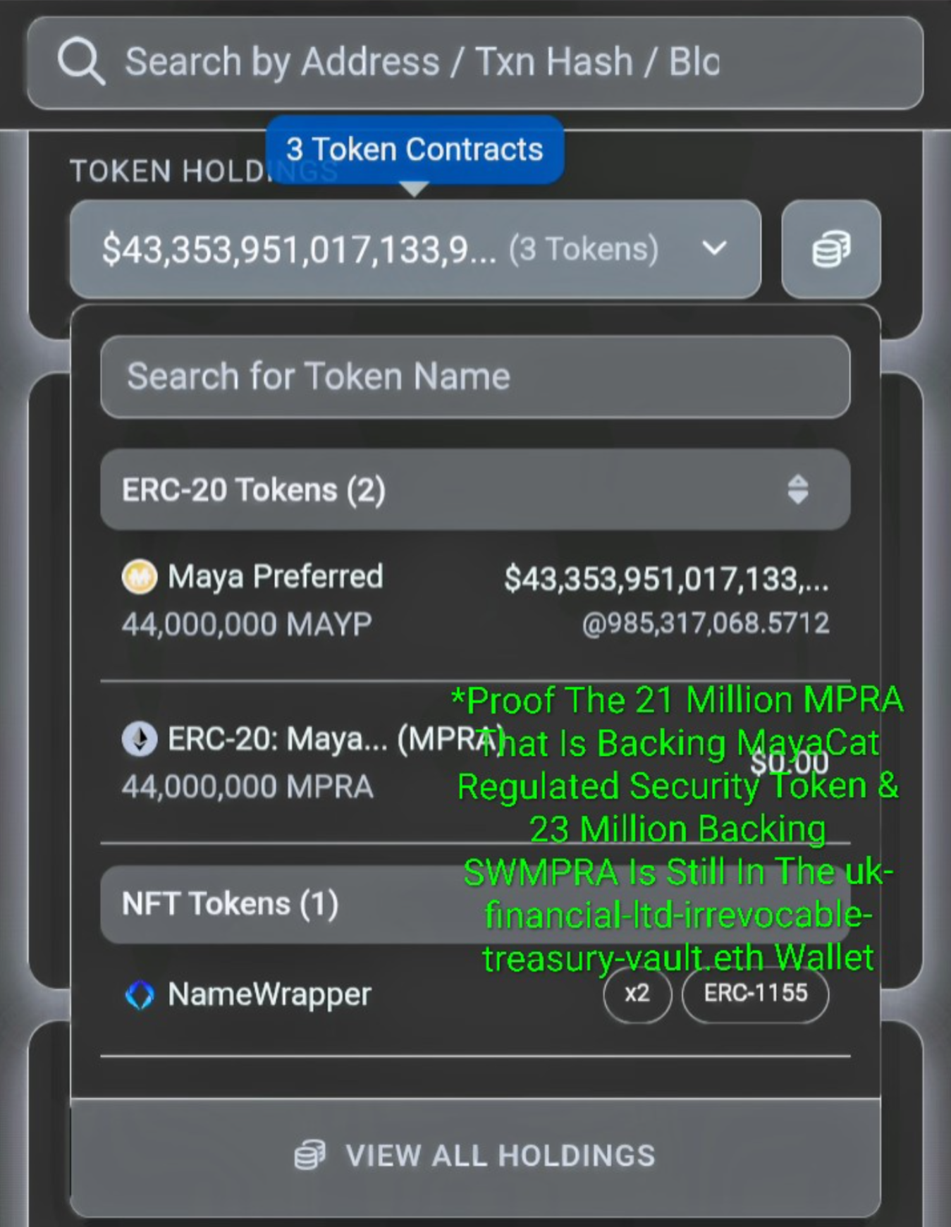Etherscan wallet holdings showing token contracts and MPRA evidence