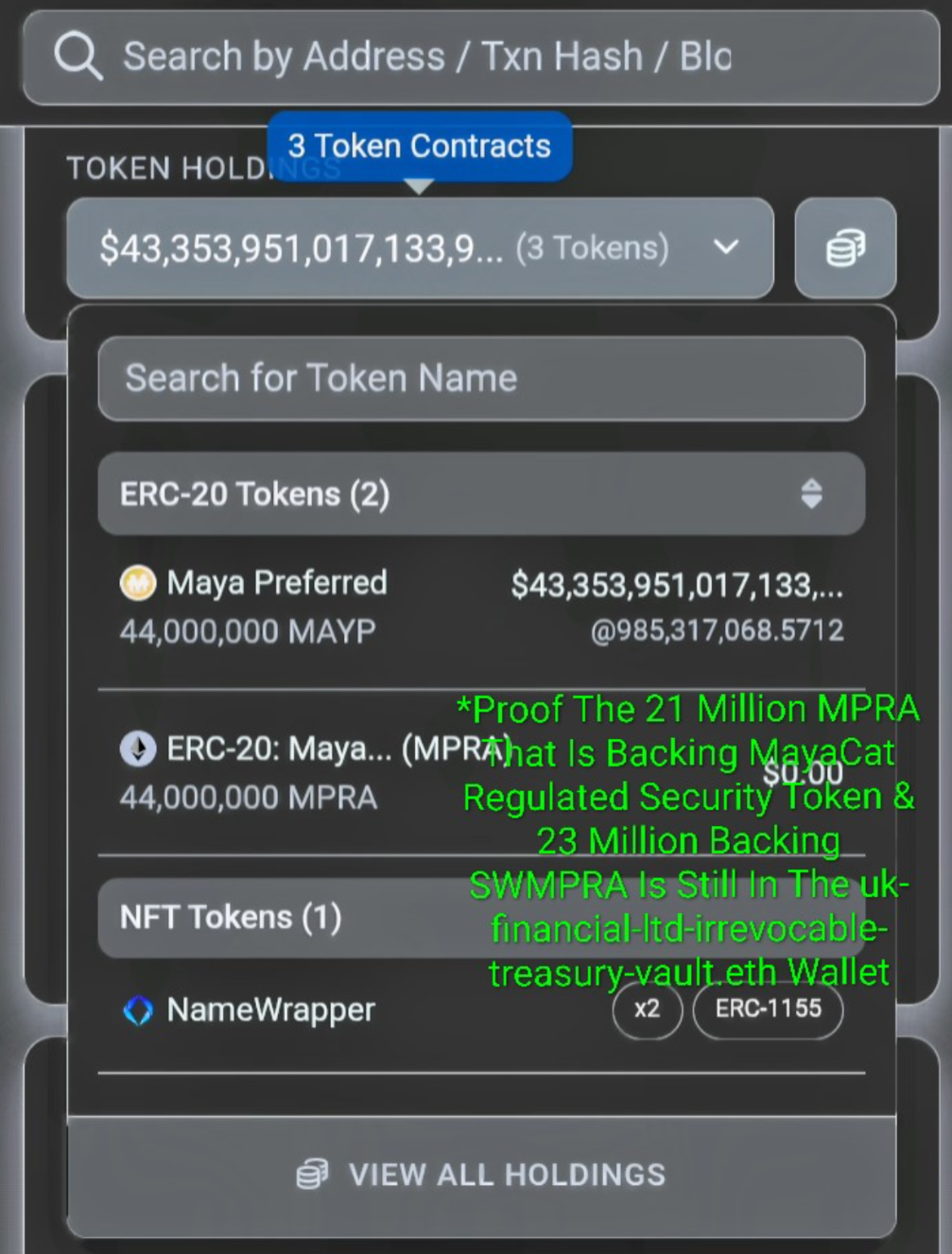 Blockscout wallet record showing Maya Preferred 223 token balance