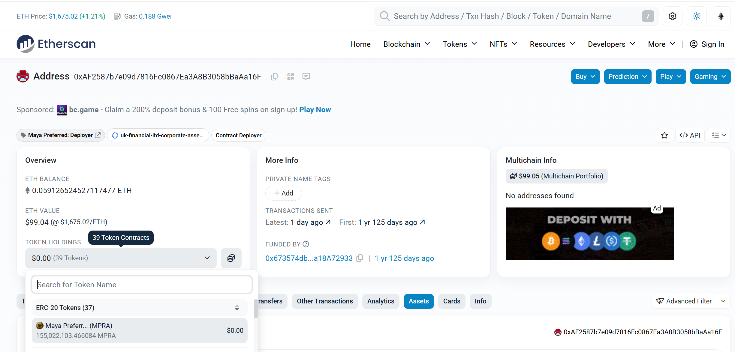 Corporate Assets Hub wallet on Etherscan