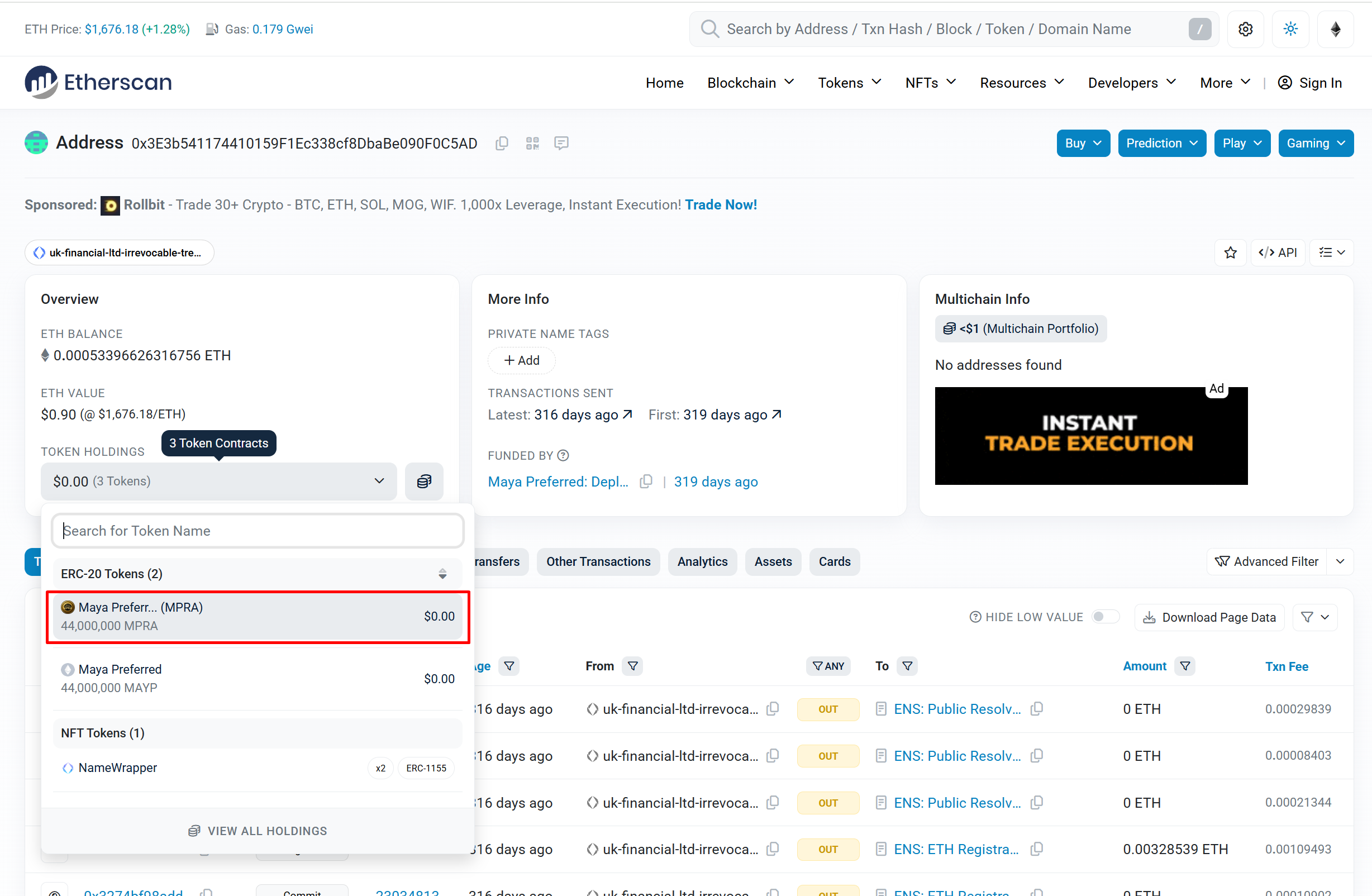 Irrevocable Treasury Vault wallet on Etherscan