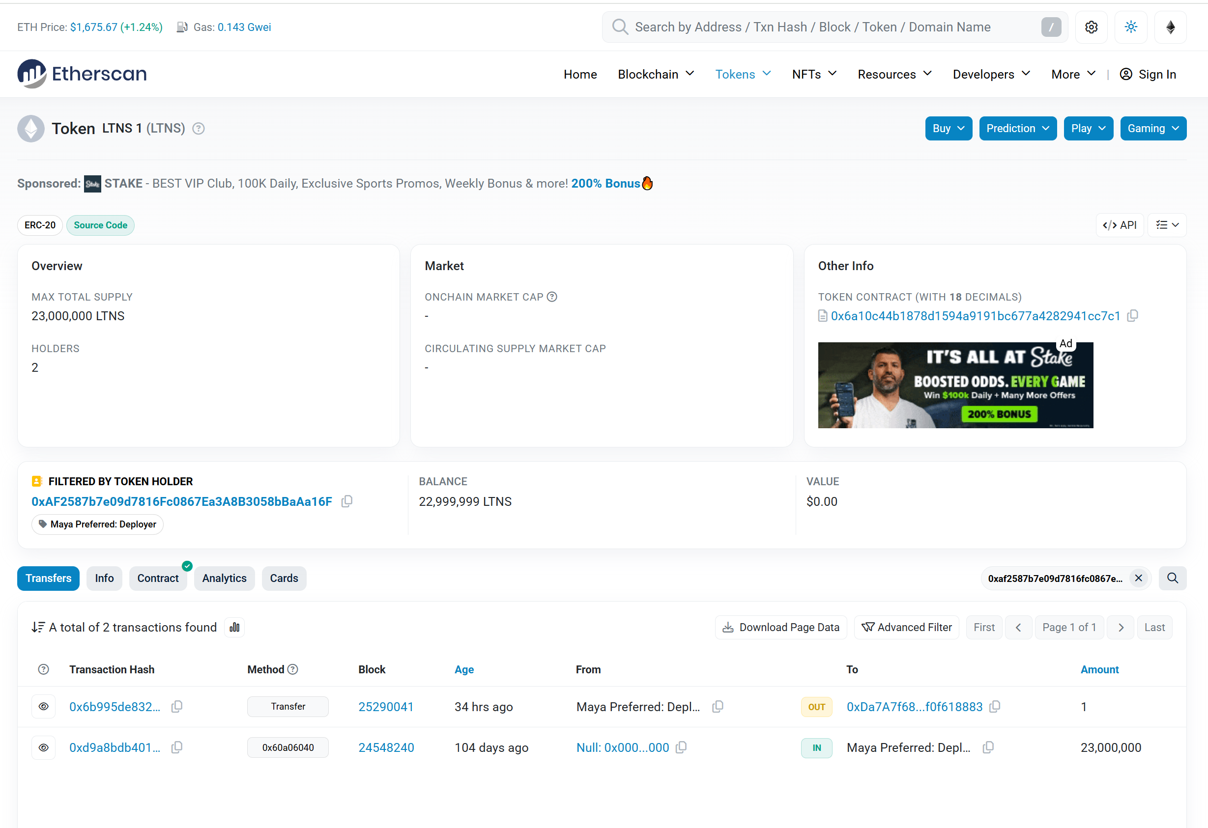 LTNS1 Etherscan contract and blockchain read values